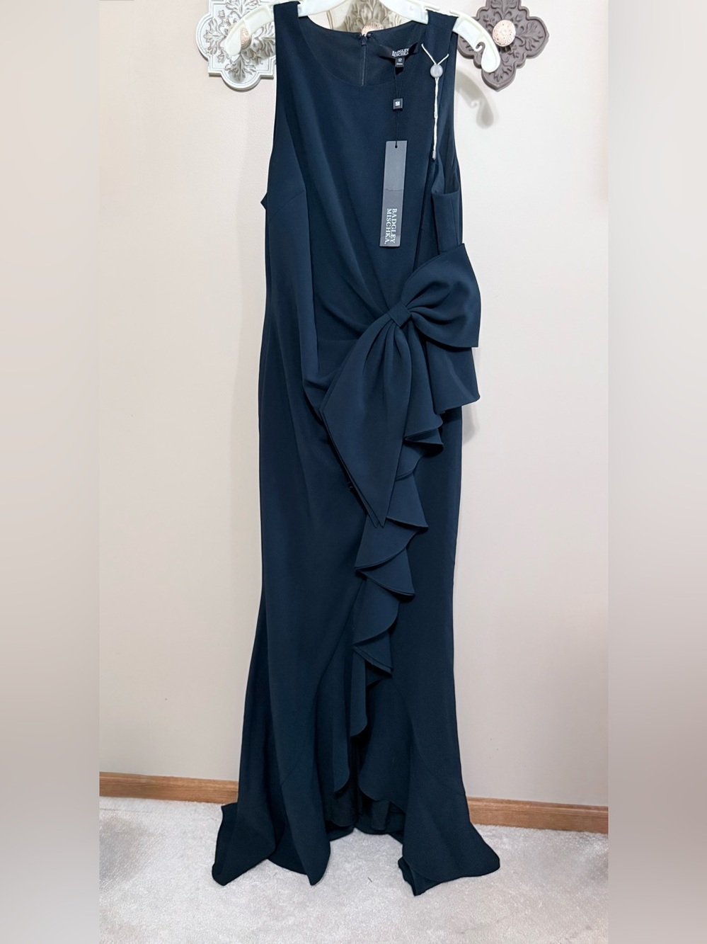 NWT Badgley Mischka Navy Ruffle Bow Hi-Low Gown Sz 12